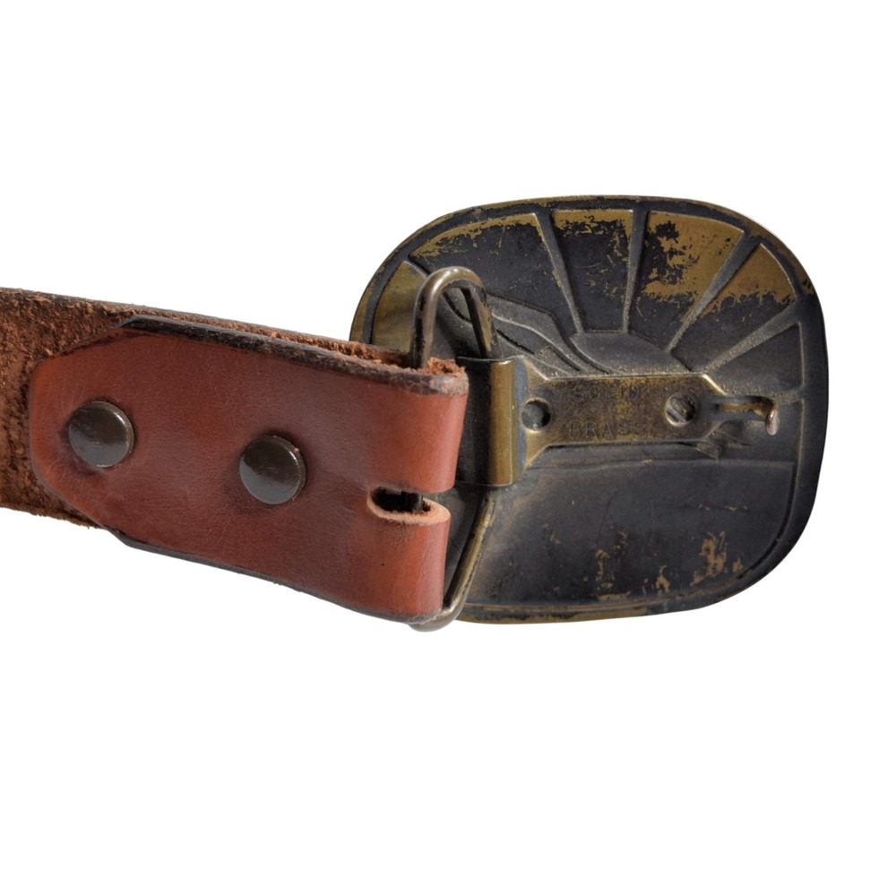 Vintage 70s Brass Seagull Sun Buckle Steerhide Brown 38" Leather Belt Strap - Picture 3 of 14